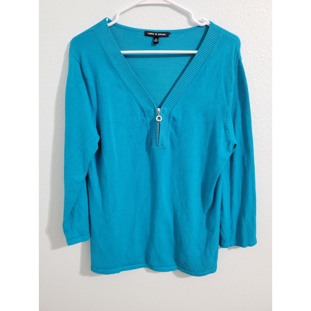 Cable and Gauge Medium Turquoise Zip Long Sleeve V Neck Pullover Sweater M Blue